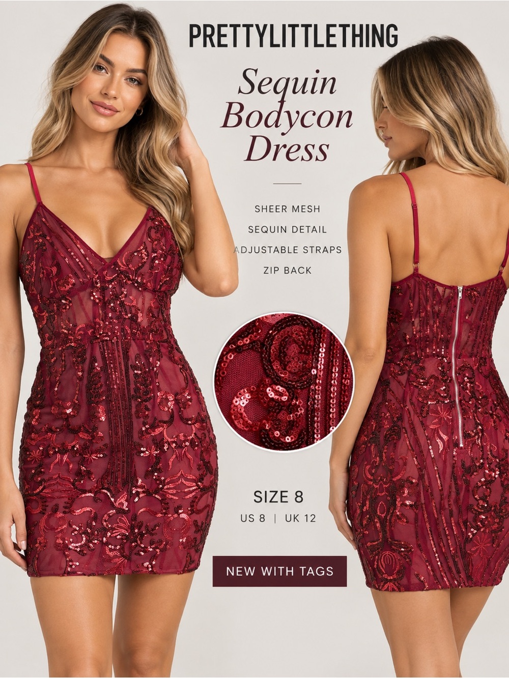 PrettyLittleThing Burgundy Sequin Embroidered Bodycon Mini Dress Size 8 NWT